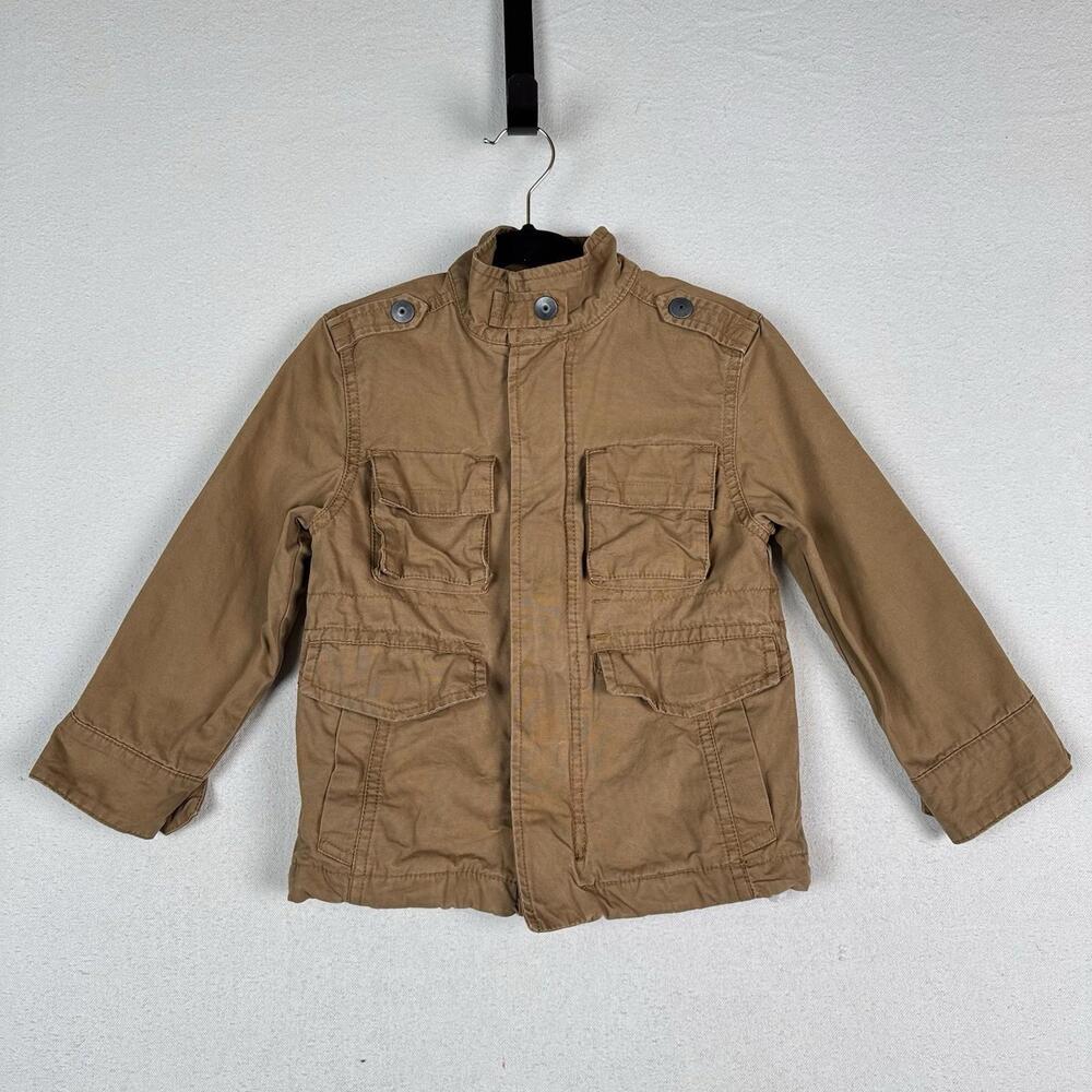 Childrens Place Military Utility Barn Jacket XS 4T Tan Flannel Lines‎ Full Zip